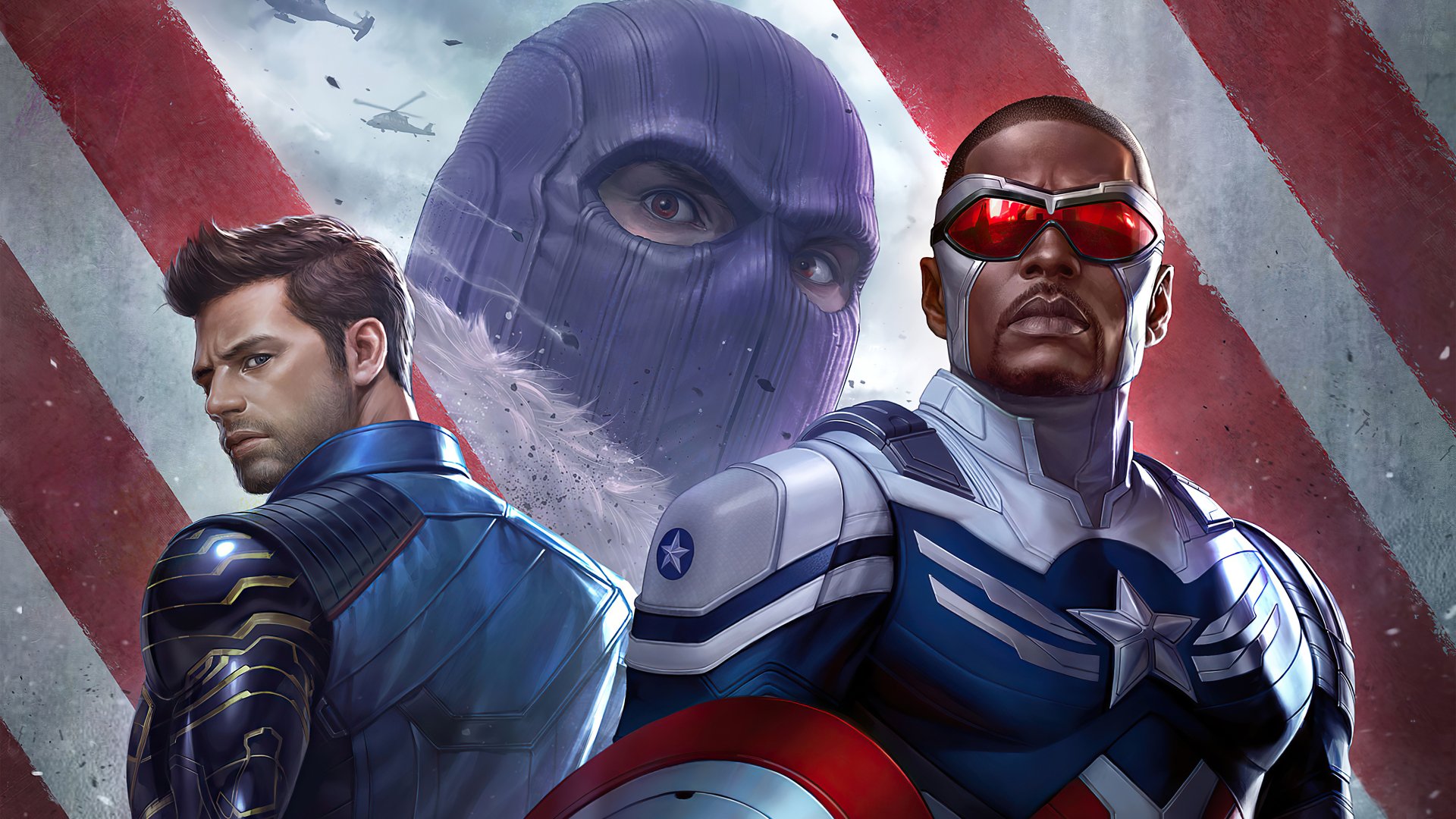 4K Ultra HD PC wallpaper: Falcon in Captain America suit holds shield front-right, Winter Soldier at left, masked foe looming over stylized American flag — The Falcon and the Winter Soldier TV show