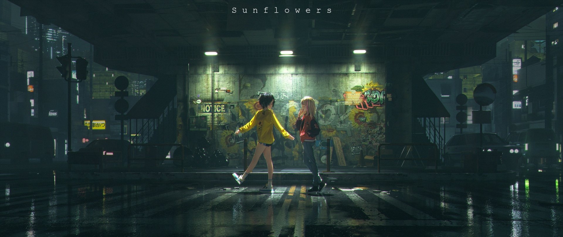 HD desktop wallpaper featuring Rika Kawai and Ai Ohto from Wonder Egg Priority, standing in an urban, rain-soaked street under neon lights, evoking a serene, cinematic atmosphere.