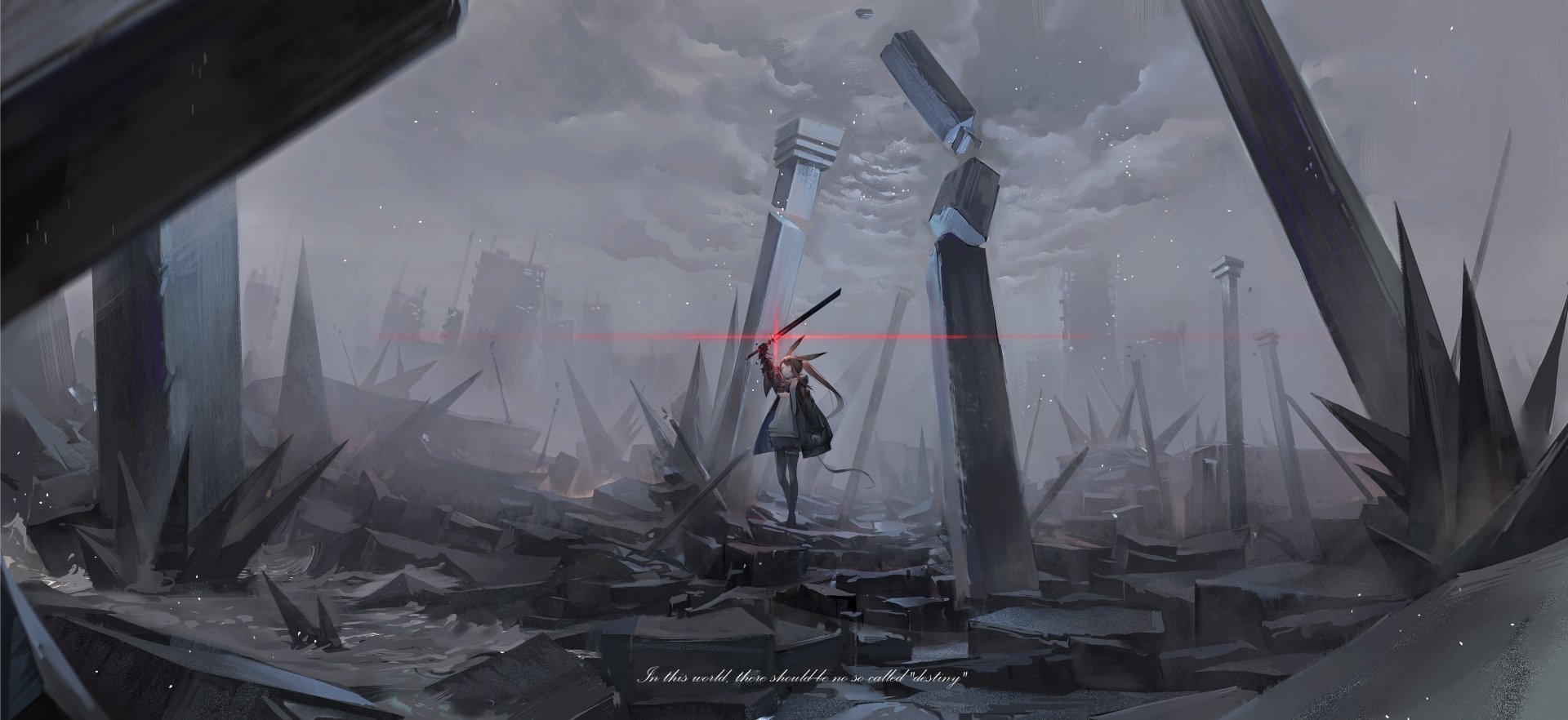 Amiya from Arknights stands on rubble amid a desolate, war-torn landscape with a gloomy sky, rendered in stunning 4K Ultra HD for a PC desktop wallpaper.