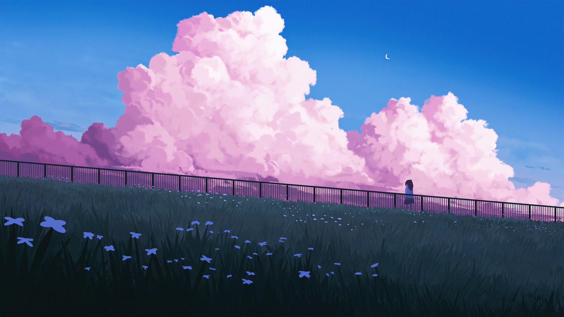 HD anime landscape wallpaper showing a person standing on a bridge with lush fields, flowers, and vibrant pink clouds under a clear blue sky.