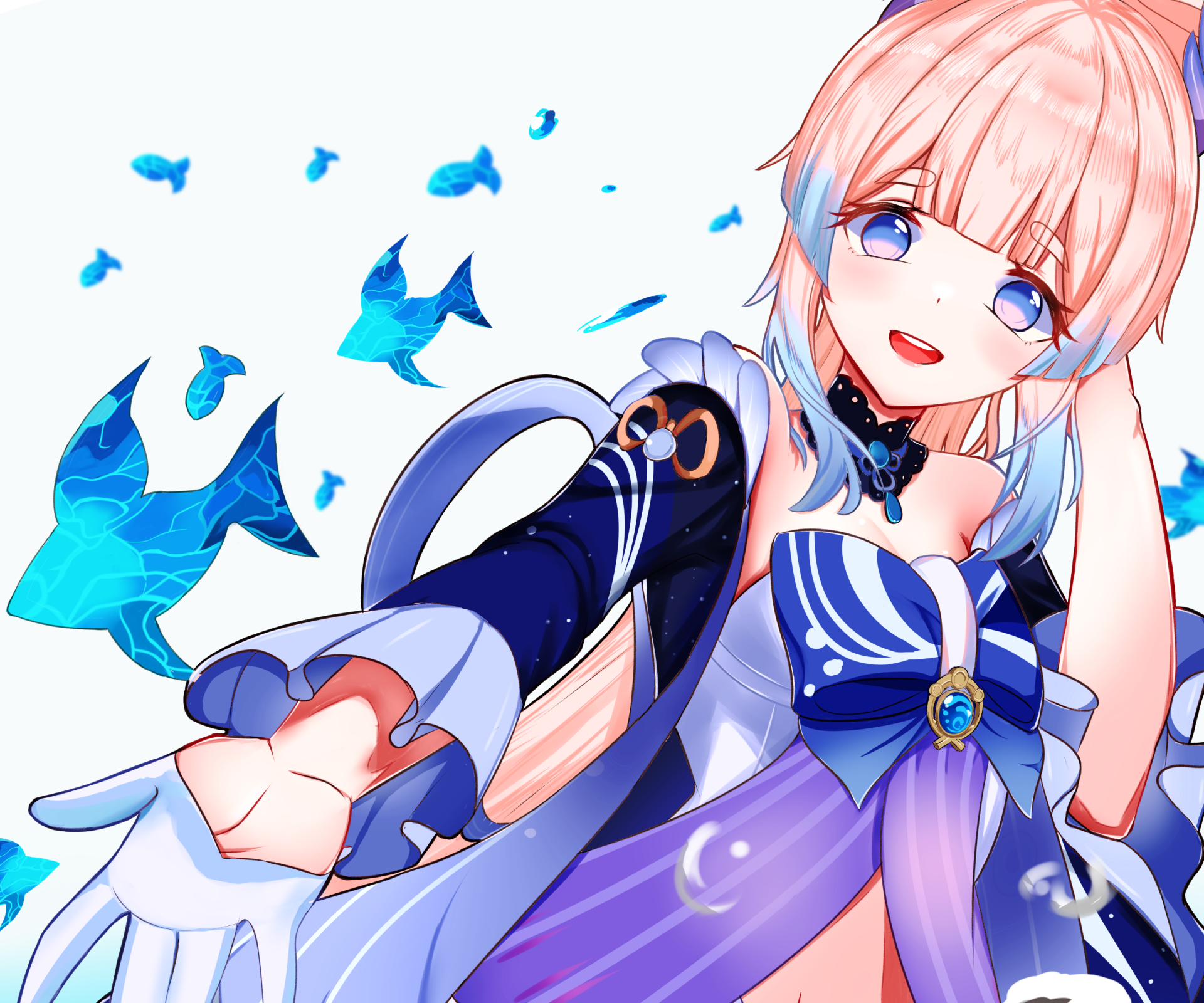 Sangonomiya Kokomi (Genshin Impact) reaching out and smiling, blue fish swimming around her, vibrant pastel blues and purples — 2K Quad HD PC desktop wallpaper/background.