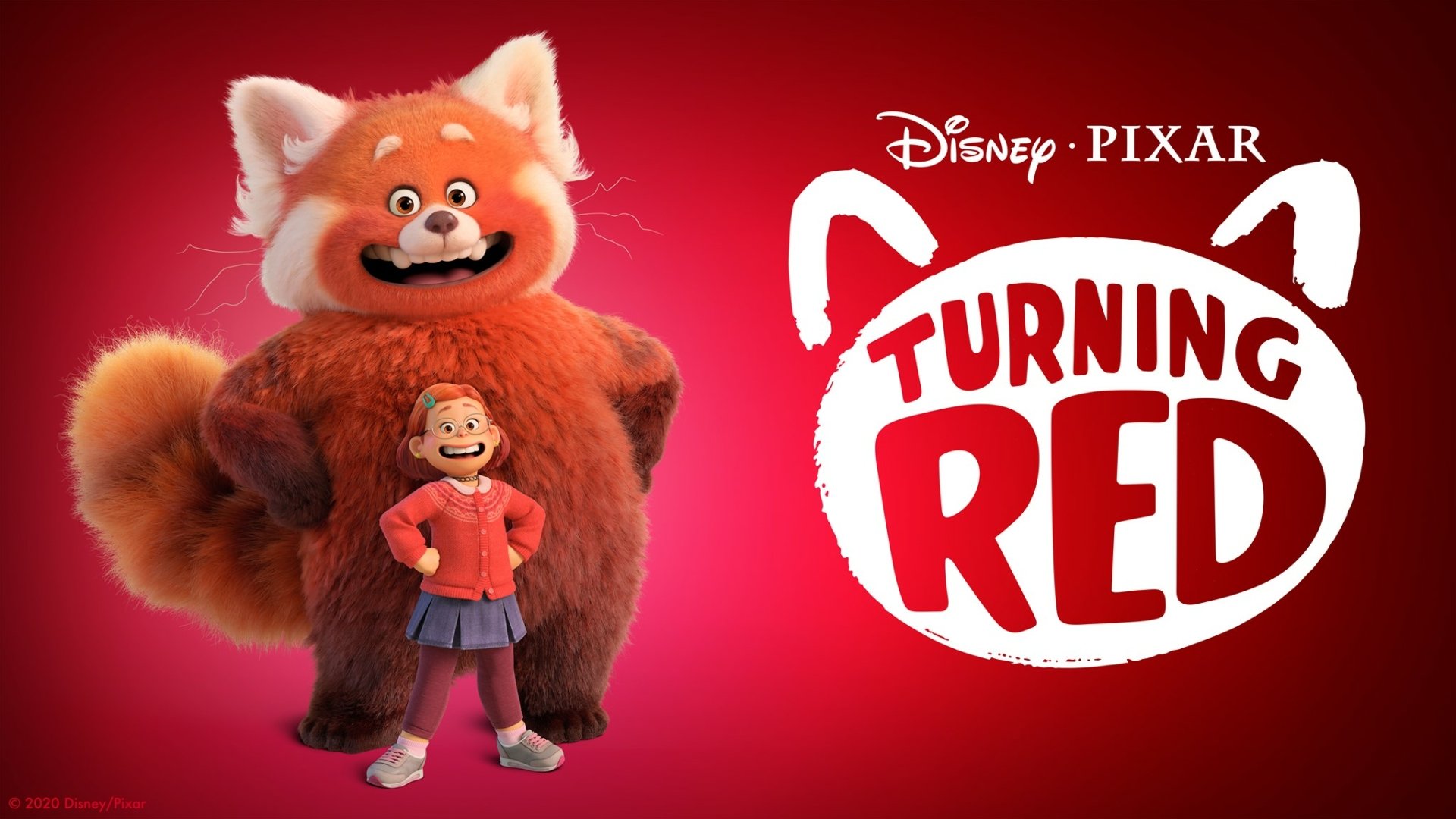 HD PC desktop wallpaper/background: Mei Lee from the movie Turning Red, smiling in front of her giant red panda form with the Turning Red logo on a red backdrop.