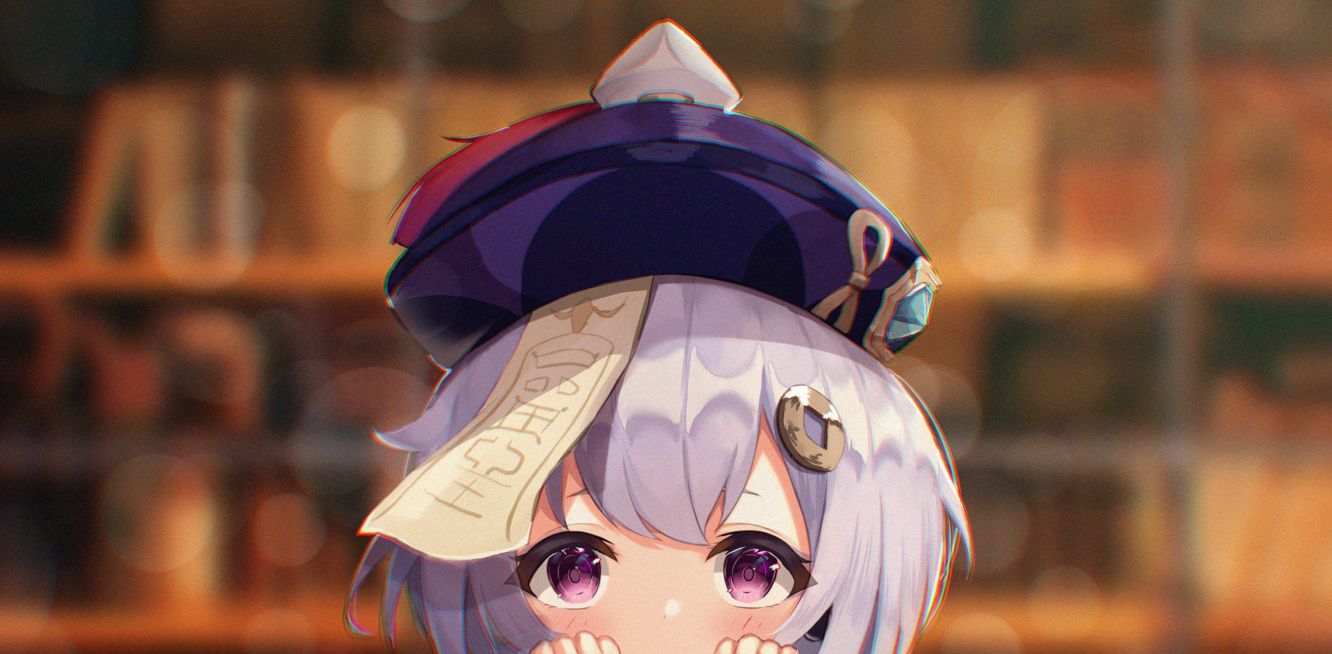 HD PC desktop wallpaper featuring Qiqi from the video game Genshin Impact, showcasing her with detailed art and a warm, blurred background.