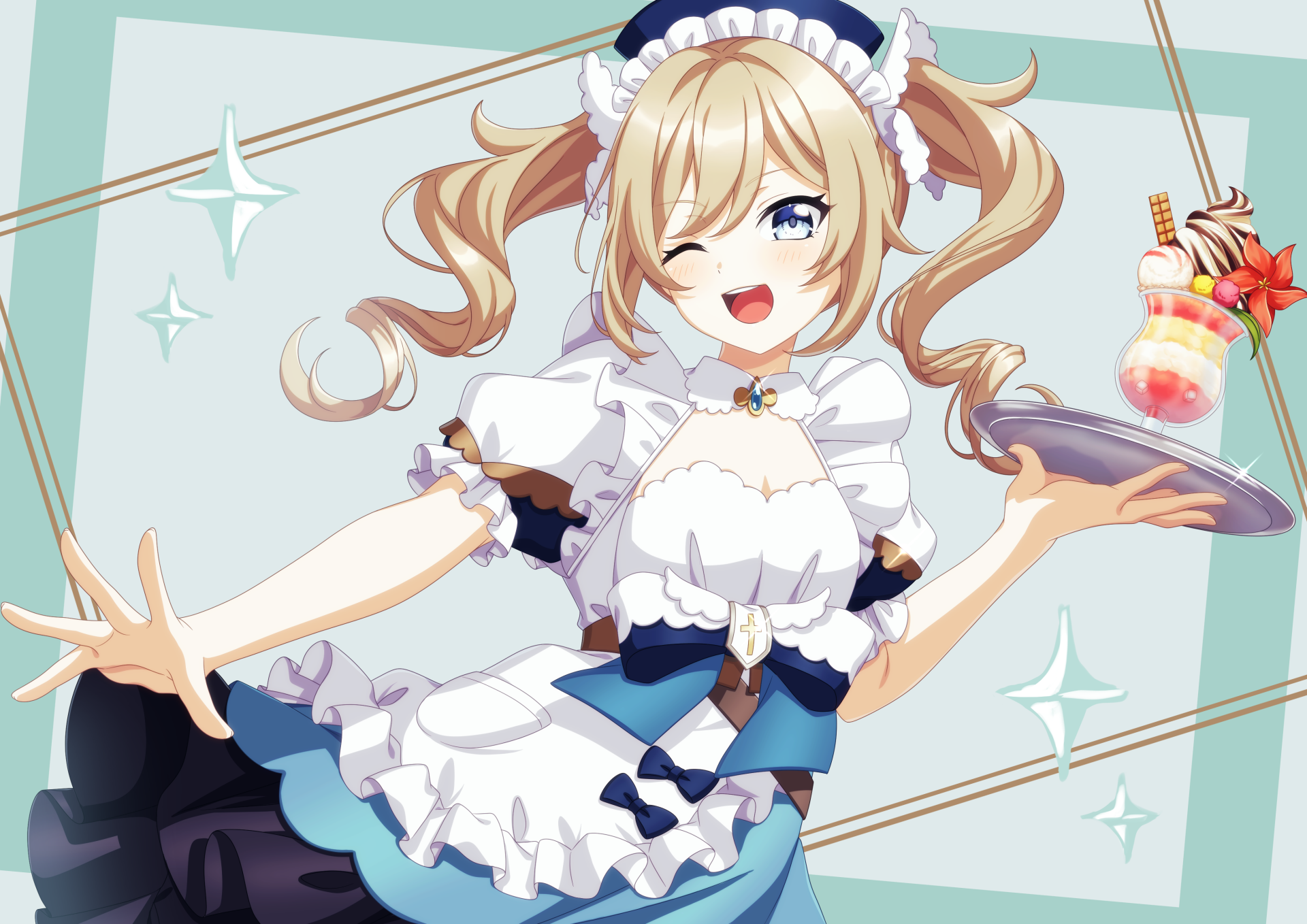 Barbara (Genshin Impact), a video game character, winks in a frilly maid outfit while holding a drink on a tray — bright pastel 4K Ultra HD PC desktop wallpaper/background.