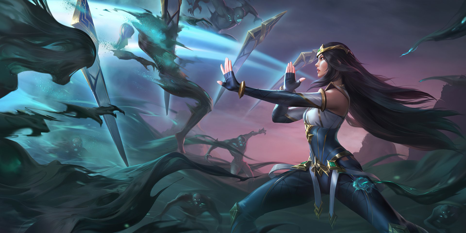 HD desktop wallpaper featuring Irelia from the video game League of Legends, showcasing her poised in a dynamic battle stance with glowing blades in a mystical setting.