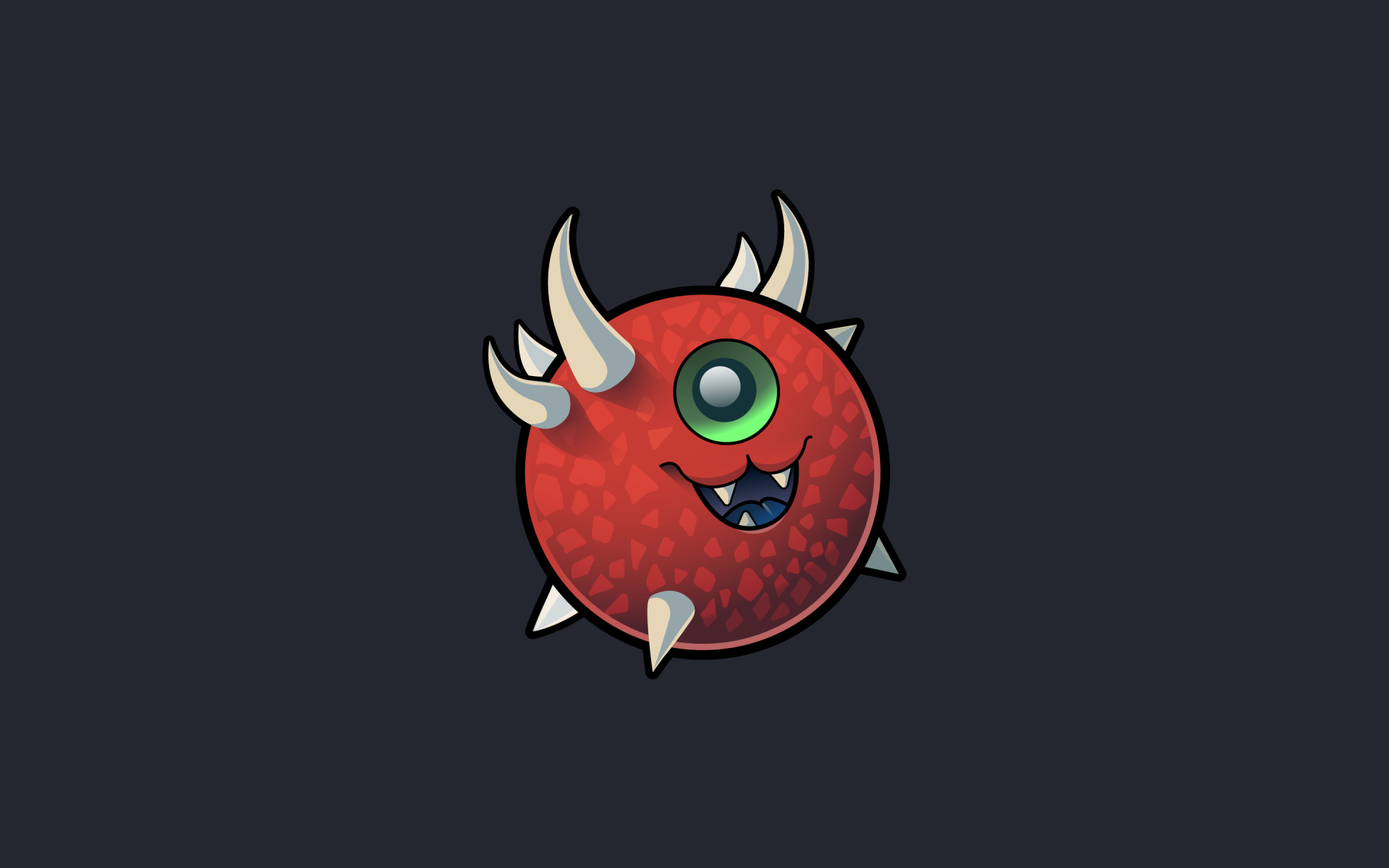 HD PC desktop wallpaper featuring a stylized, cartoonish Doom video game icon of a red, one-eyed monster with horns and sharp teeth on a dark background.