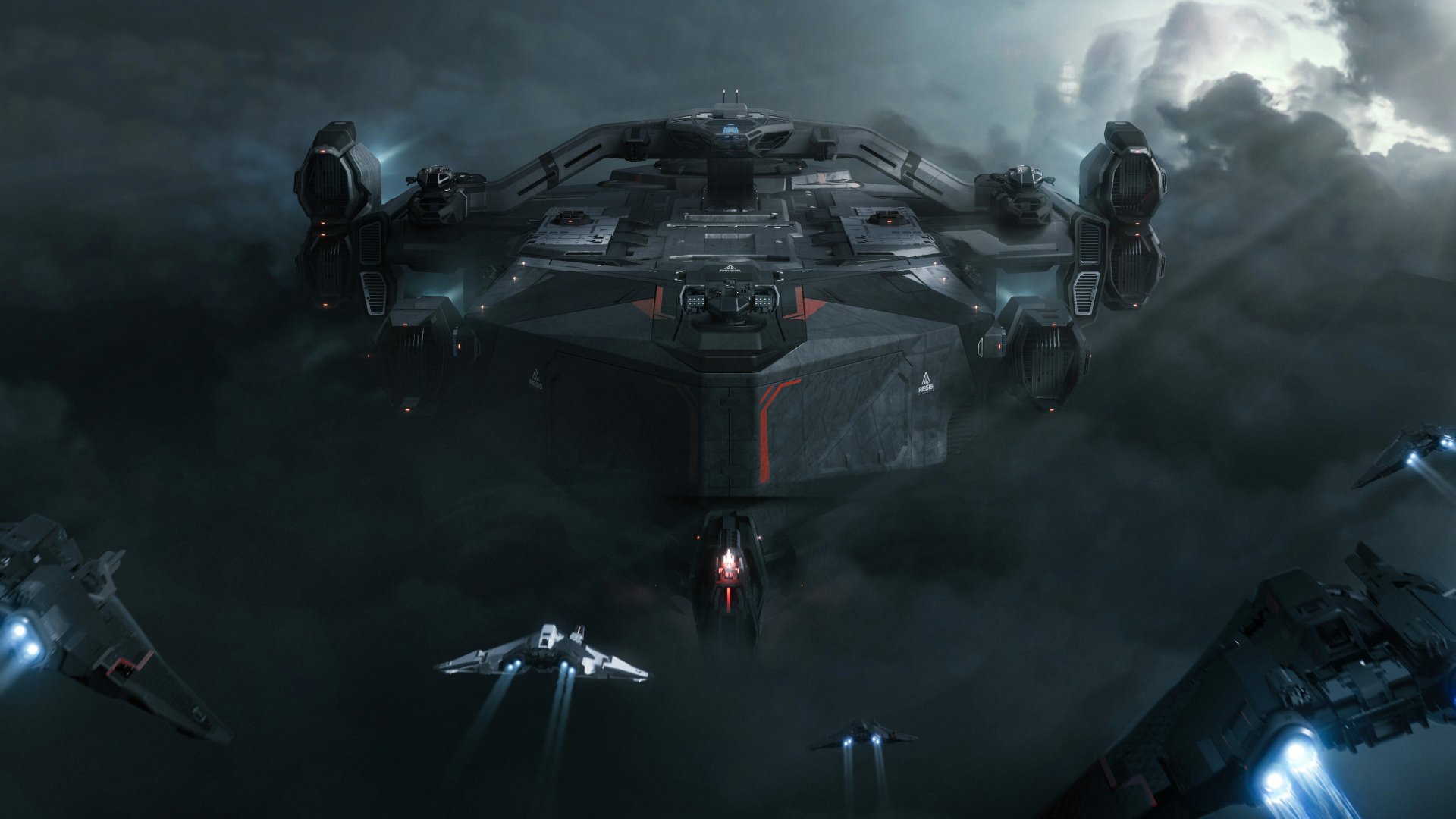 4K Ultra HD Star Citizen PC desktop wallpaper depicting a futuristic spaceship hovering in a dark, cloudy space environment with smaller ships nearby.
