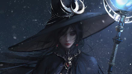 A mysterious woman in a dark, elaborate hat stands against a snowy backdrop, holding a staff topped with a glowing orb. A captivating fantasy-themed HD desktop wallpaper.