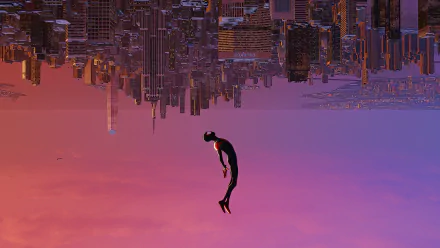 4K Ultra HD wallpaper featuring Miles Morales as Spider-Man from the movie Spider-Man: Into The Spider-Verse, silhouetted against a vibrant inverted cityscape at sunset.