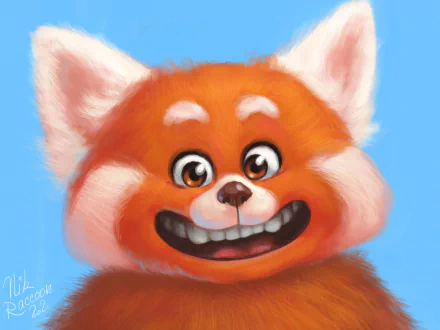 Close-up smiling red panda from the movie Turning Red — vibrant 4K Ultra HD PC desktop wallpaper background with bright blue sky.