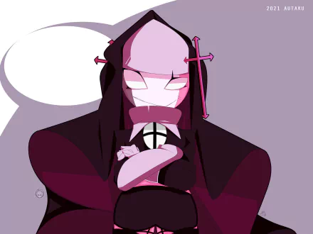 4K Ultra HD PC desktop wallpaper of a Friday Night Funkin' video game character: a hooded pink-and-purple masked figure clutching a microphone against a minimalist lavender background.