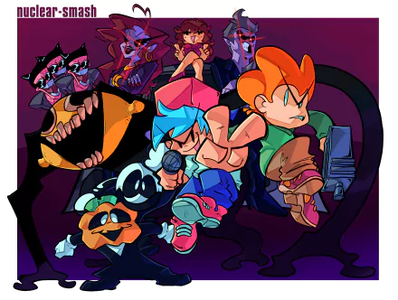 4K Ultra HD Friday Night Funkin' desktop wallpaper featuring main characters engaged in a dynamic pose against a dark purple background.