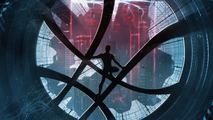 HD desktop wallpaper featuring Spider-Man from the movie Spider-Man: No Way Home. Spider-Man is poised within a shattered, circular structure against a dramatic cityscape background.