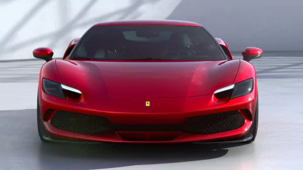 Red Ferrari 296 GTB supercar front view on a glossy studio floor — HD PC desktop wallpaper background