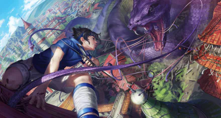 HD desktop wallpaper featuring Sasuke Uchiha from the anime Naruto, depicted in a dynamic scene fighting a giant purple serpent over a cityscape.
