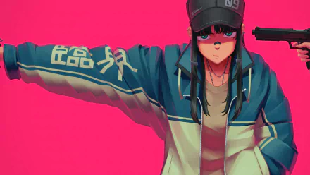 Anime girl with dark hair and cap, wearing a blue and white jacket, posed against a vibrant pink background. 4K Ultra HD PC desktop wallpaper and background.