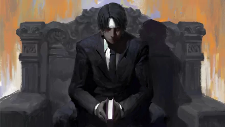 Chrollo Lucilfer from Hunter x Hunter sits in a dark, elegant throne, dressed in a suit, holding a book, against a vibrant abstract background. A striking 4K Ultra HD desktop wallpaper.