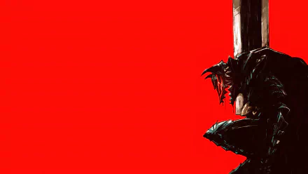 Guts from Berserk (2016) depicted in dark armor against a vivid red background, rendered in 4K Ultra HD for a striking anime PC desktop wallpaper.
