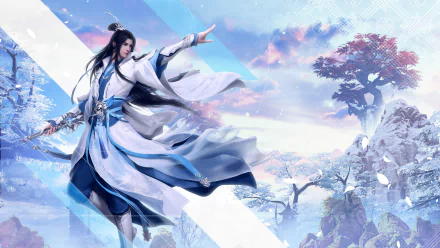 High-definition desktop wallpaper featuring a Swords of Legends Online character in a dynamic pose with an ethereal backdrop.