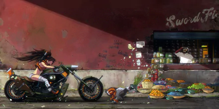 HD PC desktop wallpaper: cyberpunk sci‑fi scene — a lone biker on a futuristic motorcycle pauses in a neon alley beside street-food stalls, crates and debris beneath a weathered mural.