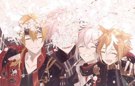 A colorful Genshin Impact wallpaper featuring Kaedehara Kazuha, Thoma, and Gorou smiling together under cherry blossoms, capturing a moment of camaraderie and joy.