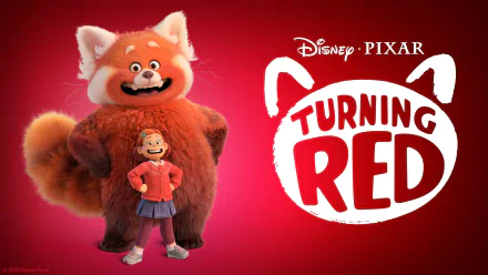 HD PC desktop wallpaper/background: Mei Lee from the movie Turning Red, smiling in front of her giant red panda form with the Turning Red logo on a red backdrop.