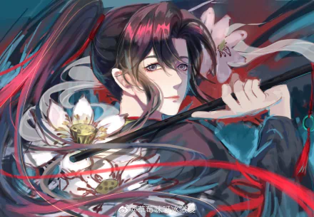 Wei Wuxian (Mo Dao Zu Shi) anime 2K Quad HD PC desktop wallpaper: dark-haired figure with red highlights, flowing robes, lotus blossoms and a flute entwined by red ribbons.