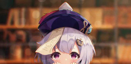 HD PC desktop wallpaper featuring Qiqi from the video game Genshin Impact, showcasing her with detailed art and a warm, blurred background.