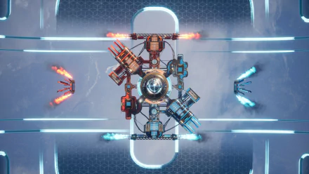 A vibrant HD wallpaper from the video game Splitgate, featuring an aerial view of a futuristic arena with dynamic red and blue energy beams and sleek mechanical structures.