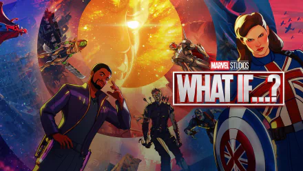 4K Ultra HD PC desktop wallpaper and background of Marvel Studios' What If...? TV show — colorful collage of alternate-universe heroes assembled around a glowing cosmic portal.