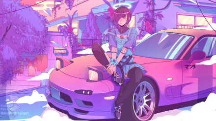 5K Ultra HD PC desktop wallpaper: synthwave fantasy scene of a neon-lit woman with a halo perched on a pink sports car amid palm trees and a retro cityscape.