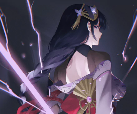 HD PC desktop wallpaper featuring Baal Raiden Shogun from the video game Genshin Impact, showcasing her elegant pose with glowing purple lightning effects.