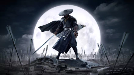 A fantasy samurai warrior stands poised with a sword under a large, glowing moon in this dark, atmospheric 4K Ultra HD desktop wallpaper.