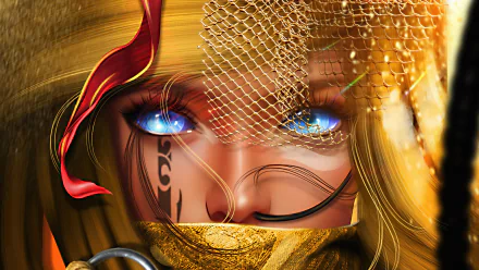 Close-up fantasy woman with glowing blue eyes, ornate golden veil and facial markings, rendered as a 4K Ultra HD PC desktop wallpaper.