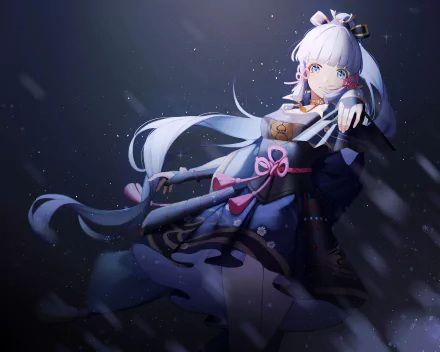 Kamisato Ayaka from Genshin Impact is featured in this 4K Ultra HD PC desktop wallpaper, showcasing her elegant design and icy abilities in a dynamic video game scene.