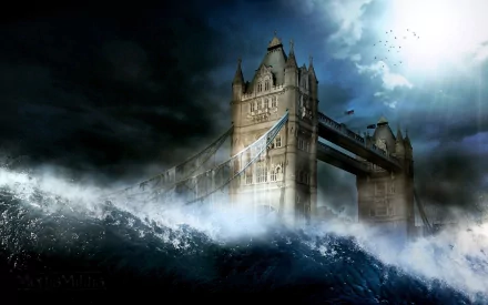 A dramatic HD wallpaper featuring Tower Bridge engulfed by massive waves, set against a dark, apocalyptic sky, capturing a striking sci-fi atmosphere.
