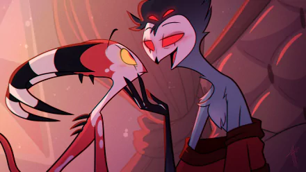 Stolas and Blitzo from the TV show Helluva Boss share an intimate moment in this 4K Ultra HD PC desktop wallpaper and background.