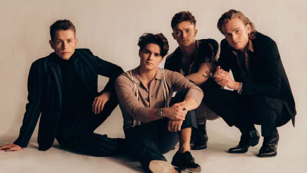 HD wallpaper of The Vamps, featuring the band members dressed in black, posed against a neutral backdrop for desktop background.