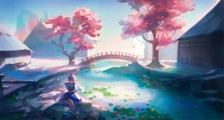 HD desktop wallpaper featuring Kamisato Ayaka from Genshin Impact, set in a serene landscape with pink cherry blossoms, a small bridge, and a tranquil pond.