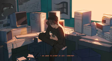 HD PC desktop wallpaper featuring Wilbur Soot in a dimly lit room filled with vintage computer equipment, with text reading, We used to sleep on call together...