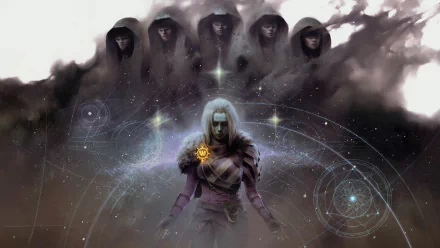 4K Ultra HD PC wallpaper featuring a Destiny 2 character with cosmic symbols and five shadowy hooded figures in the background.