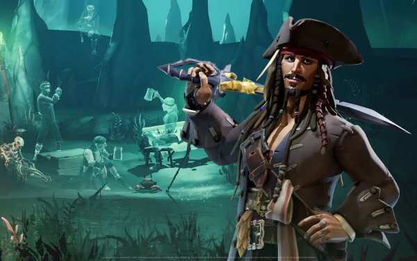 Jack Sparrow in Sea of Thieves: A Pirate’s Life — pirate with pistol amid an eerie ghostly shipwreck, 2K Quad HD PC desktop wallpaper.