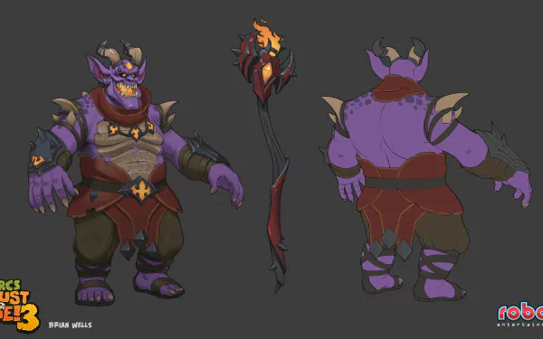 HD desktop wallpaper featuring character art from Orcs Must Die! 3, with two stylized orc figures, one holding a flaming staff, on a dark grey background.
