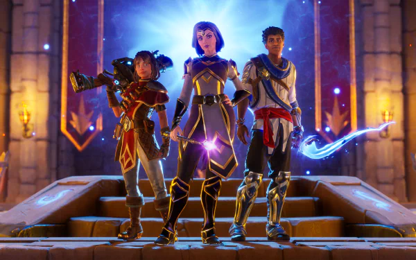 HD Wallpaper of Orcs Must Die! 3 featuring heroic characters armed and ready for battle in a magical fortress setting.