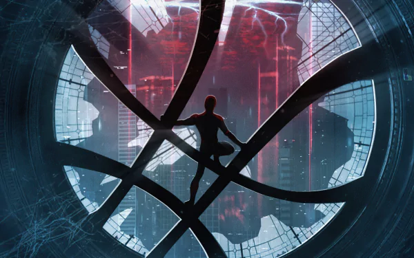 HD desktop wallpaper featuring Spider-Man from the movie Spider-Man: No Way Home. Spider-Man is poised within a shattered, circular structure against a dramatic cityscape background.