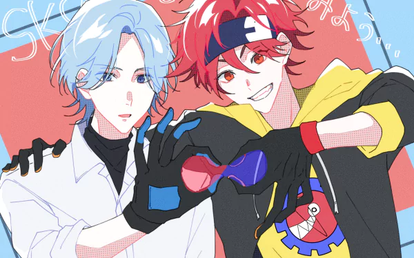 HD PC desktop wallpaper featuring Reki Kyan and Langa Hasegawa from the anime SK8 the Infinity smiling against a vibrant red background.