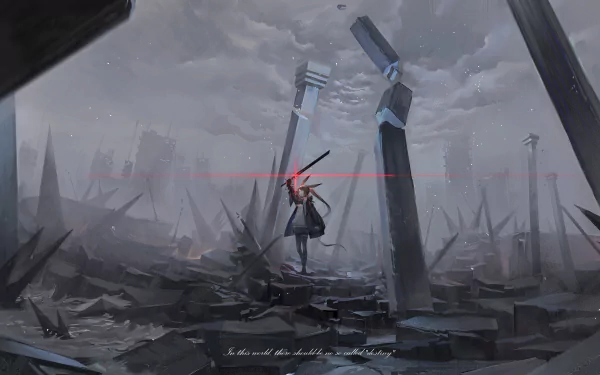 Amiya from Arknights stands on rubble amid a desolate, war-torn landscape with a gloomy sky, rendered in stunning 4K Ultra HD for a PC desktop wallpaper.