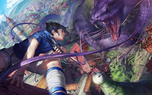 HD desktop wallpaper featuring Sasuke Uchiha from the anime Naruto, depicted in a dynamic scene fighting a giant purple serpent over a cityscape.
