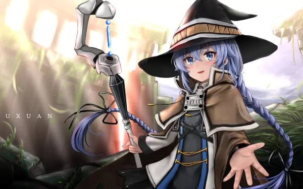 Roxy Migurdia from Mushoku Tensei: Jobless Reincarnation — blue-haired witch in anime style with staff, reaching hand; 5K Ultra HD PC desktop wallpaper/background.