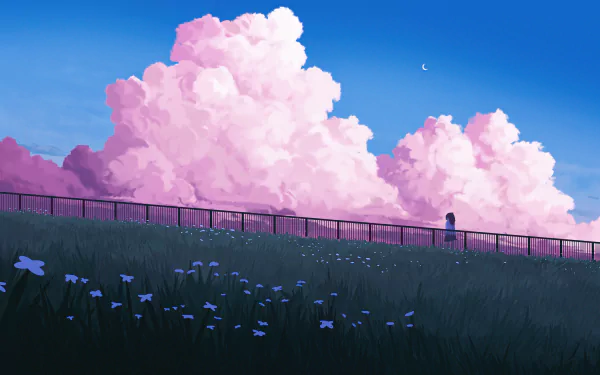 HD anime landscape wallpaper showing a person standing on a bridge with lush fields, flowers, and vibrant pink clouds under a clear blue sky.